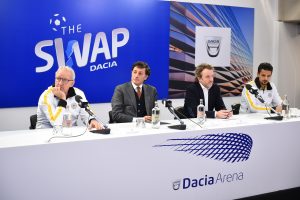 Da sinistra: il mister dell'Udinese Gigi Delneri; Stefano Campoccia, Vice Presidente Udinese; Francesco Fontana Giusti, Direttore Immagine & Comunicazione di Renault Italia; il difensore Felipe Dal Bello